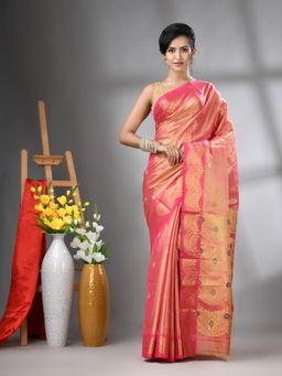CHARUKRITI - Pink Texture Motifs Tissue Silk Zari Border Saree with Unstitched Blouse