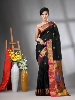 CHARUKRITI - Black Peacock Motifs Paithani Silk Zari Border Saree with Unstitched Blouse