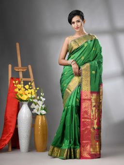 CHARUKRITI - Green Peacock Motifs Paithani Silk Zari Border Saree with Unstitched Blouse
