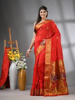 CHARUKRITI - Red Peacock Motifs Paithani Silk Zari Border Saree with Unstitched Blouse