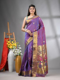CHARUKRITI - Lilac Peacock Motifs Paithani Silk Zari Border Saree with Unstitched Blouse