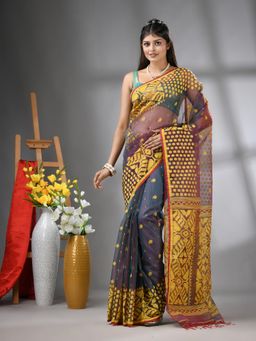 CHARUKRITI - Grey Dual-Tone Muslin Soft Jamdani Design Saree with Unstitched Blouse