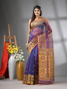 CHARUKRITI - Purple Dual-Tone Muslin Soft Jamdani Design Saree with Unstitched Blouse