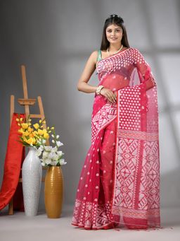 CHARUKRITI - Hot Pink Muslin Soft Jamdani Design Saree with Unstitched Blouse