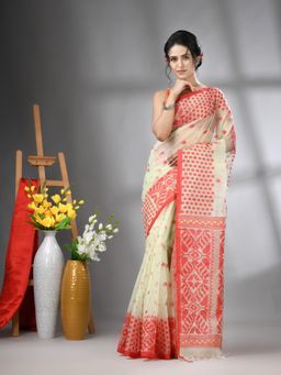 CHARUKRITI - Pistachio Green Muslin Soft Jamdani Design Saree with Unstitched Blouse