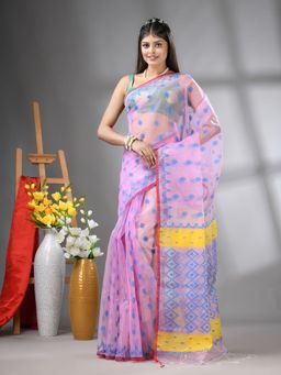 CHARUKRITI - Pink Muslin Soft Jamdani Design Saree with Unstitched Blouse