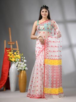 CHARUKRITI - White Muslin Soft Jamdani Design Saree with Unstitched Blouse