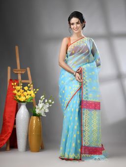 CHARUKRITI - Sky Blue Muslin Soft Jamdani Design Saree with Unstitched Blouse