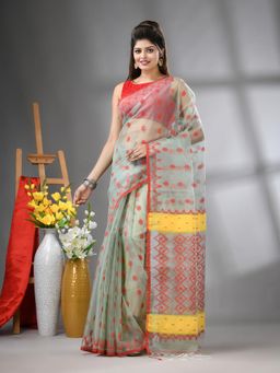 CHARUKRITI - Pistachio Green Muslin Soft Jamdani Design Saree with Unstitched Blouse