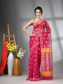 CHARUKRITI - Magenta Muslin Soft Jamdani Design Saree with Unstitched Blouse