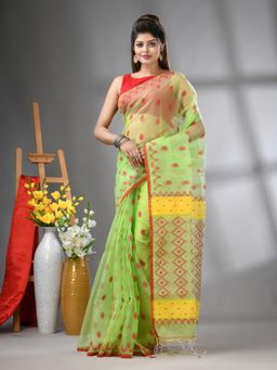 CHARUKRITI - Light Green Muslin Soft Jamdani Design Saree with Unstitched Blouse