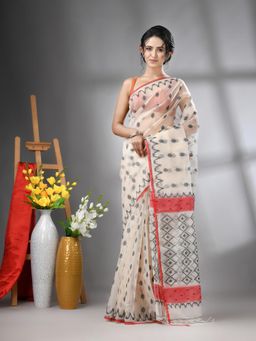 CHARUKRITI - Off White Muslin Soft Jamdani Design Saree with Unstitched Blouse