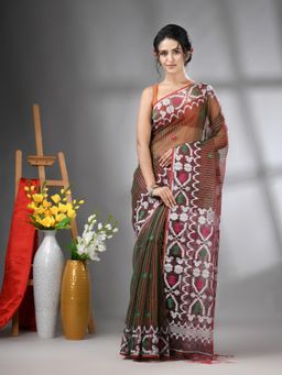 CHARUKRITI - Green Dual-Tone Kantha Stripes Muslin Soft Jamdani Design Saree with Unstitched Blouse