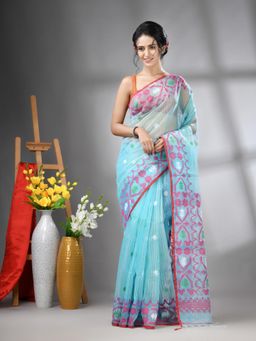 CHARUKRITI - Sky Blue Kantha Stripes Muslin Soft Jamdani Design Saree with Unstitched Blouse