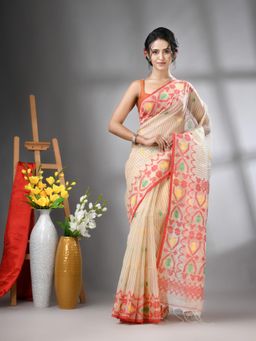 CHARUKRITI - Cream Kantha Stripes Muslin Soft Jamdani Design Saree with Unstitched Blouse