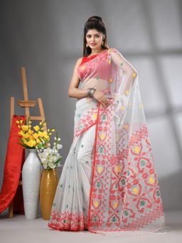 CHARUKRITI - White Kantha Stripes Muslin Soft Jamdani Design Saree with Unstitched Blouse