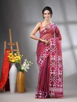 CHARUKRITI - Pink Kantha Stripes Muslin Soft Jamdani Design Saree with Unstitched Blouse