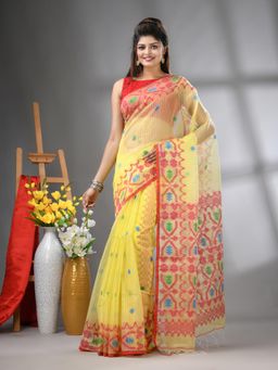 CHARUKRITI - Yellow Kantha Stripes Muslin Soft Jamdani Design Saree with Unstitched Blouse