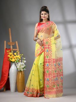 CHARUKRITI - Yellow Kantha Stripes Muslin Soft Jamdani Design Saree with Unstitched Blouse