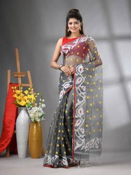 CHARUKRITI - Grey Muslin Soft Jamdani Design Saree with Unstitched Blouse