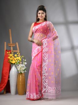 CHARUKRITI - Baby Pink Muslin Soft Jamdani Design Saree with Unstitched Blouse