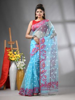 CHARUKRITI - Sky Blue Muslin Soft Jamdani Design Saree with Unstitched Blouse