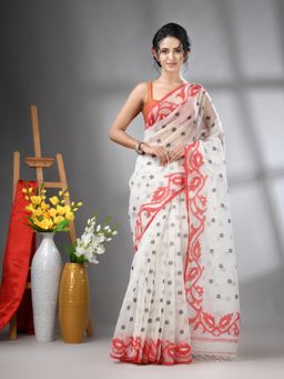 CHARUKRITI - White Muslin Soft Jamdani Design Saree with Unstitched Blouse
