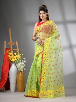 CHARUKRITI - Light Green Muslin Soft Jamdani Design Saree with Unstitched Blouse