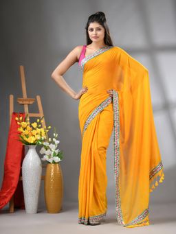 CHARUKRITI - Mustard Mul Cotton Embroidered Border Saree Without Blouse