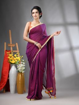 CHARUKRITI - Wine Mul Cotton Gota Patti Border Saree Without Blouse