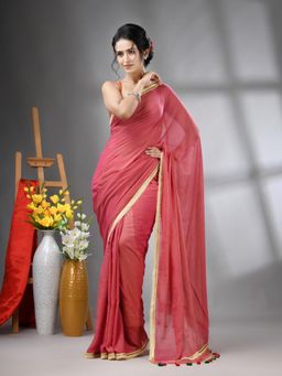 CHARUKRITI - Salmon Rust Mul Cotton Gota Patti Border Saree Without Blouse