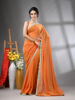 CHARUKRITI - Orange Mul Cotton Gota Patti Border Saree Without Blouse