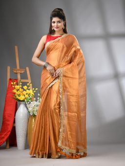 CHARUKRITI - Rust Shimmer Tissue Gota Patti Border Saree with Unstitched Blouse