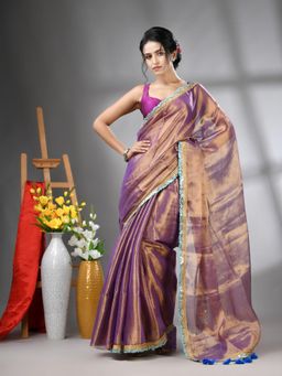 CHARUKRITI - Copper Purple Shimmer Tissue Gota Patti Border Saree with Unstitched Blouse