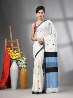 CHARUKRITI - Off White Cotton Handwoven Texture Design Saree with Unstitched Blouse