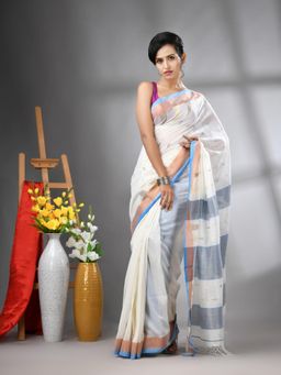 CHARUKRITI - Off White Texture Motifs Cotton Zari Border Saree with Unstitched Blouse