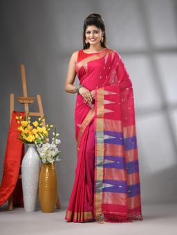 CHARUKRITI - Pink Texture Motifs Cotton Zari Border Saree with Unstitched Blouse