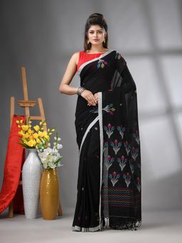 CHARUKRITI - Black Cotton Handwoven Tulip Motifs with Unstitched Blouse