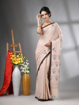 CHARUKRITI - Ecru Cotton Handwoven Tulip Motifs with Unstitched Blouse
