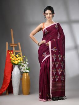 CHARUKRITI - Maroon Cotton Handwoven Tulip Motifs with Unstitched Blouse
