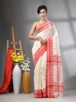 CHARUKRITI - Off White Cotton Handwoven Texture Design Saree with Unstitched Blouse