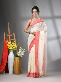 CHARUKRITI - Off White Cotton Handwoven Texture Design Saree with Unstitched Blouse