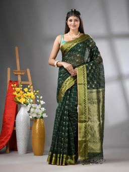 CHARUKRITI - Bottle Green Cotton Blend Texture Design Saree with Unstitched Blouse