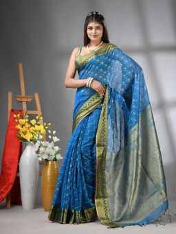 CHARUKRITI - Sky Blue Cotton Blend Texture Design Saree with Unstitched Blouse