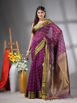 CHARUKRITI - Purple Cotton Blend Texture Design Saree with Unstitched Blouse