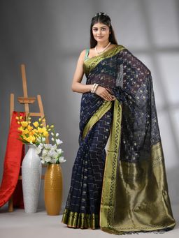 CHARUKRITI - Navy Blue Cotton Blend Texture Design Saree with Unstitched Blouse