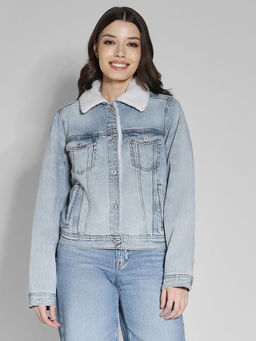 American Eagle - Women Blue 90S Classic Denim Sherpa Jacket