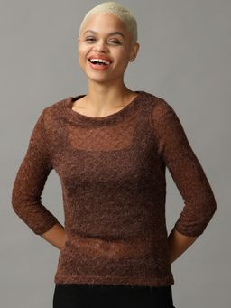 SHOWOFF - Womens Boat Neck Self Design Brown Regular Top