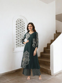 ISHIN - Green Floral Printed Kurta with Palazzo (Set of 2)