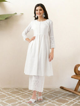 ISHIN - White Self Design Schiffli Kurta with Palazzo (Set of 2)